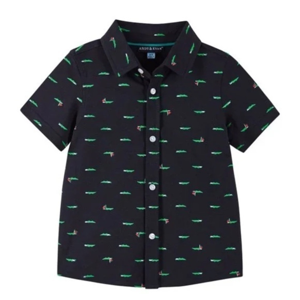 Andy & Evan Boy’s Crocodile Full Button Up Polo-Style shirt Size 6 Navy Blue